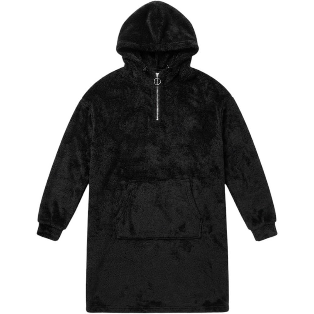 Love Hoodie Womens Medium Black Fuzzy Fleece Tunic 1/4 Zip Kangaroo Pocket